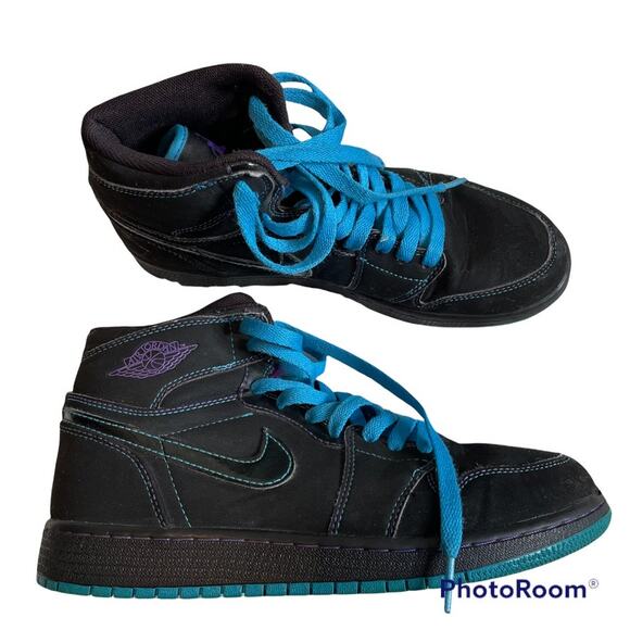 NIKE Air Jordan 1 One Retro High‎ GS Black Orion Blue Purple Lace Up Sneakers 6 - Picture 1 of 6